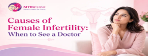 Banner by MYRO Clinic about causes of female infertility and when to consult a doctor, featuring a woman and a reproductive health illustration.